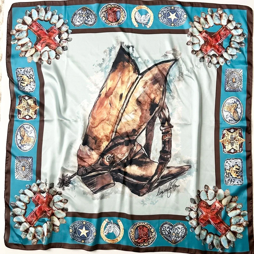 Liz Coufal Designs Scarf Silk Blend Blue Western Cowboy Boots Turquoise Cross OS